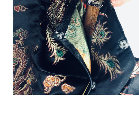 Vintage Dress Cheongsam Cocktail Black Brocade dragon gold motif sheath Lux LBD - Picture 9 of 16